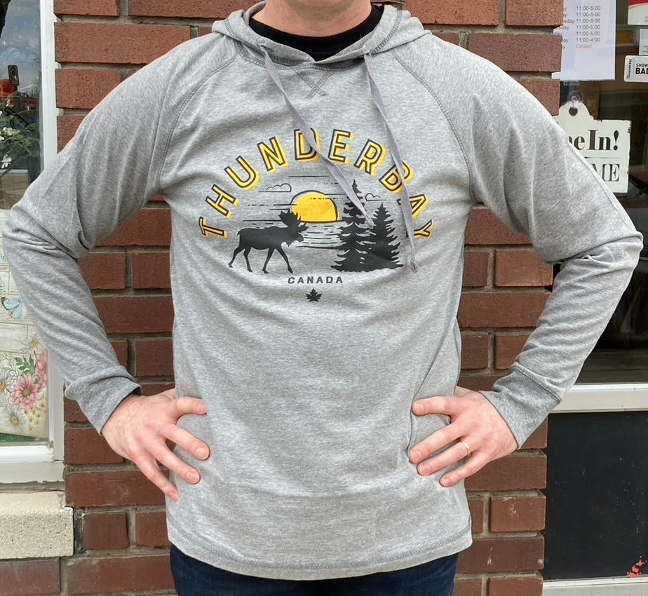 Souvenir Clothing - Adult Lightweight Hoodie - Moose With Sunset - Thunder Bay, Canada - Grey