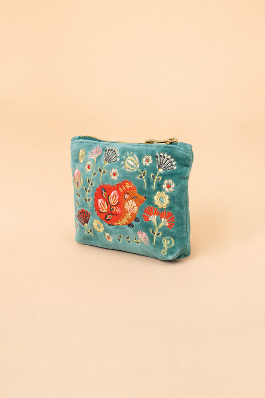 Powder Collection - Velvet Embroidered Mini Pouch - Folk Art Hedgehog, Aqua