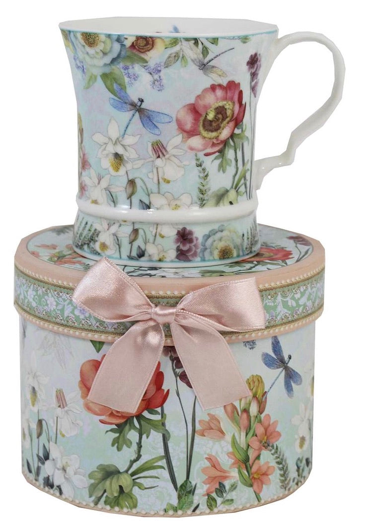 Drinkware - Porcelain Mug - Flowers and Dragonfly