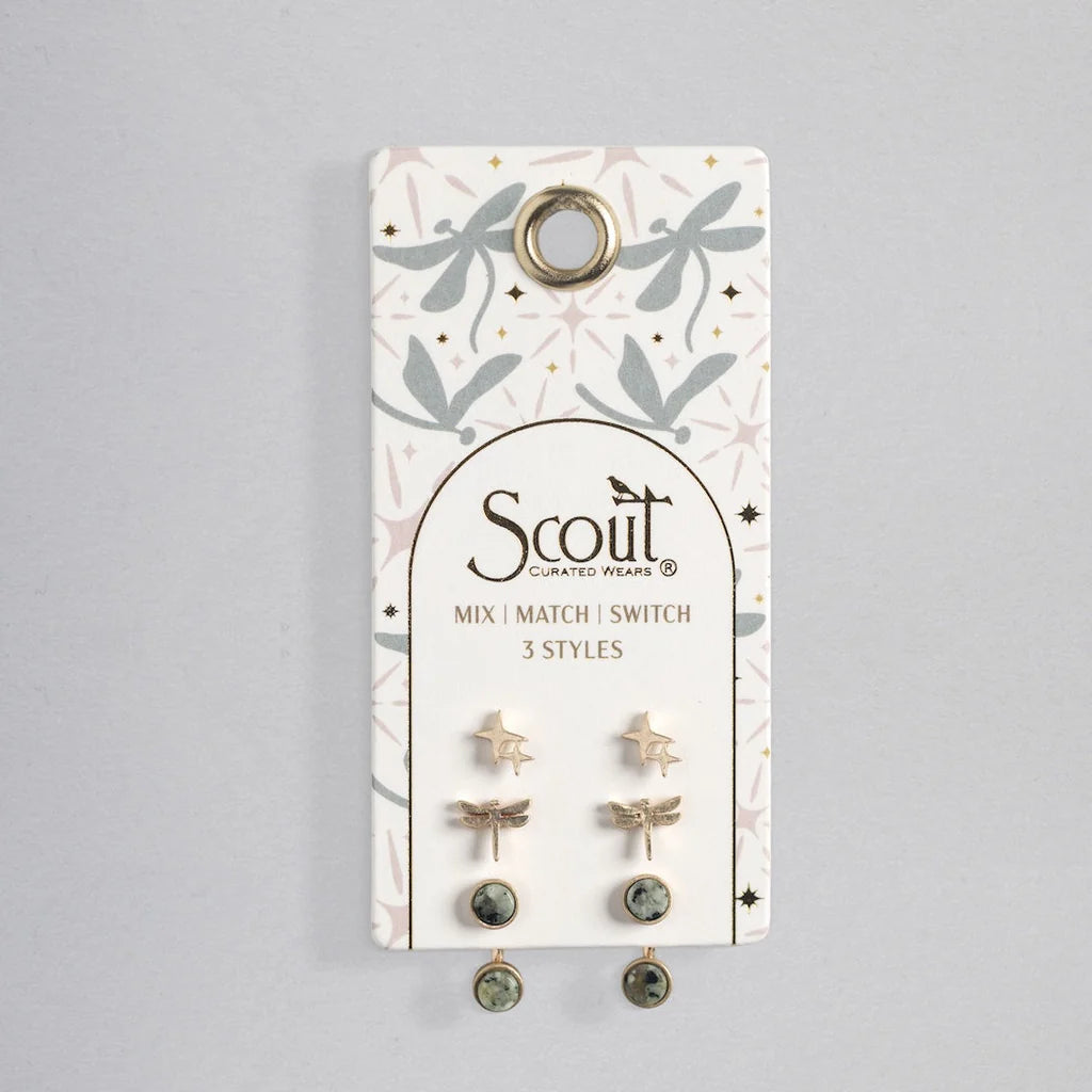 Scout Curated Wears - Stud Trio Ear Jacket Set - Dragonfly/African Turquoise/Gold