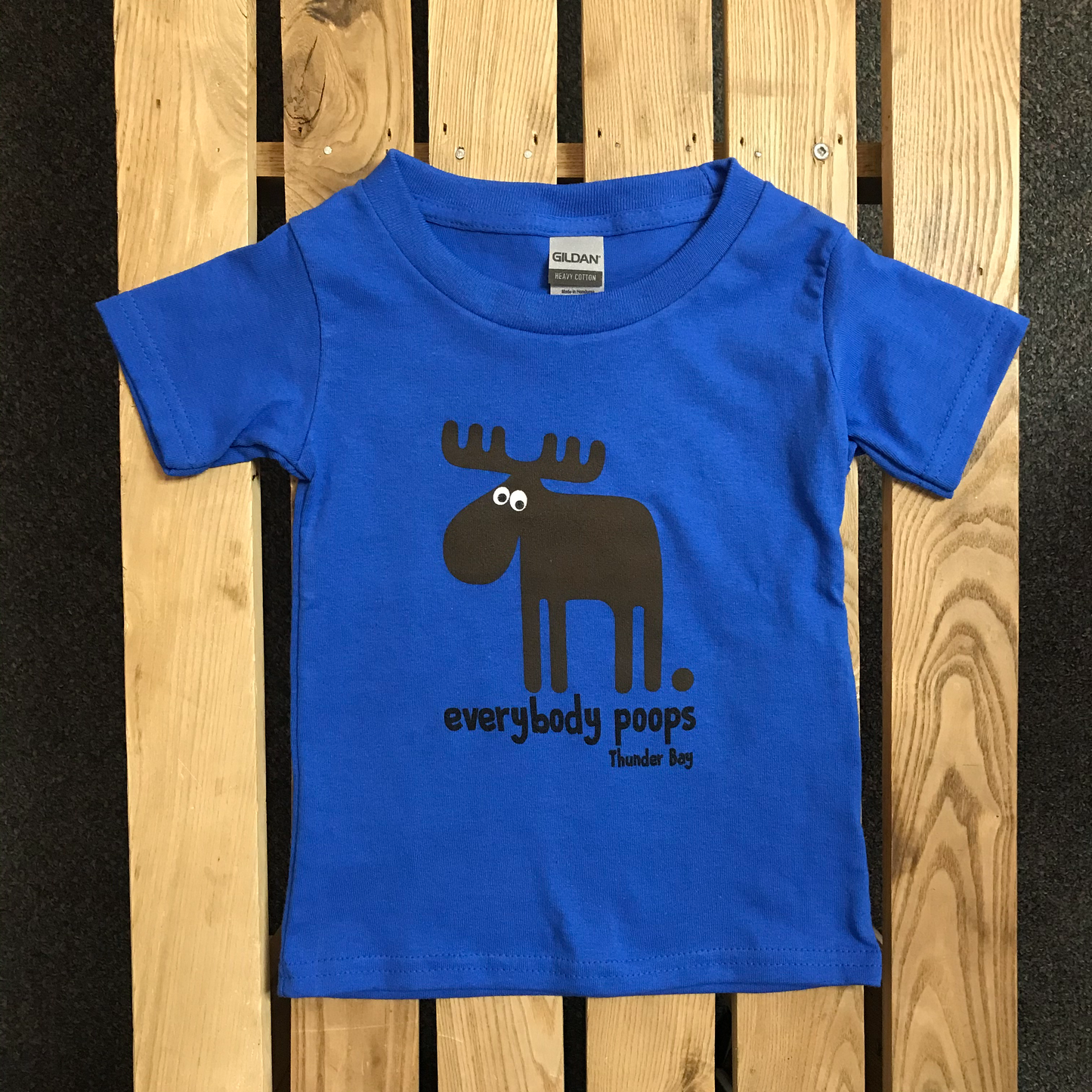 Kid's T-shirt - Thunder Bay, "Everybody Poops" - Blue