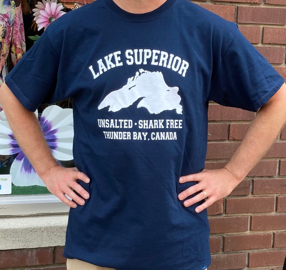 Souvenir T-shirt - Thunder Bay, Canada - "Unsalted, Shark Free" - Navy