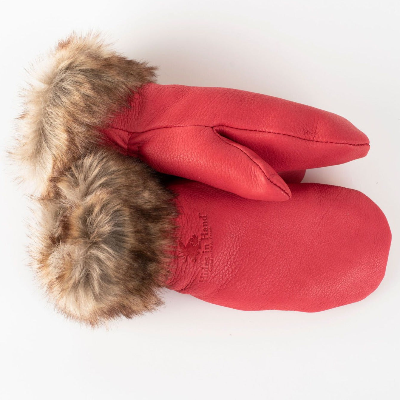 Hides in Hand Deerskin Leather Mitt with Faux Fur Trim Red