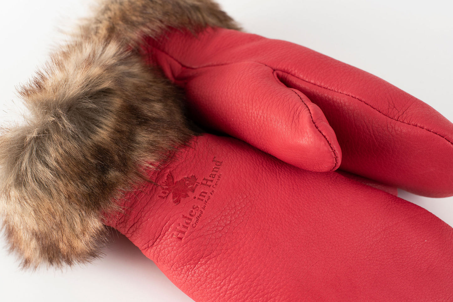 Hides in Hand - Deerskin Leather Mitt with Faux Fur Trim - Red