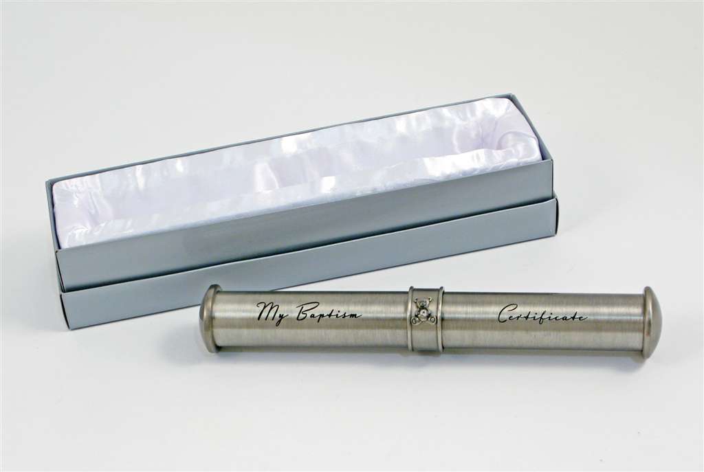 Baptism - Pewter Certificate Tube w/Bear Icon - My Baptism Certificate