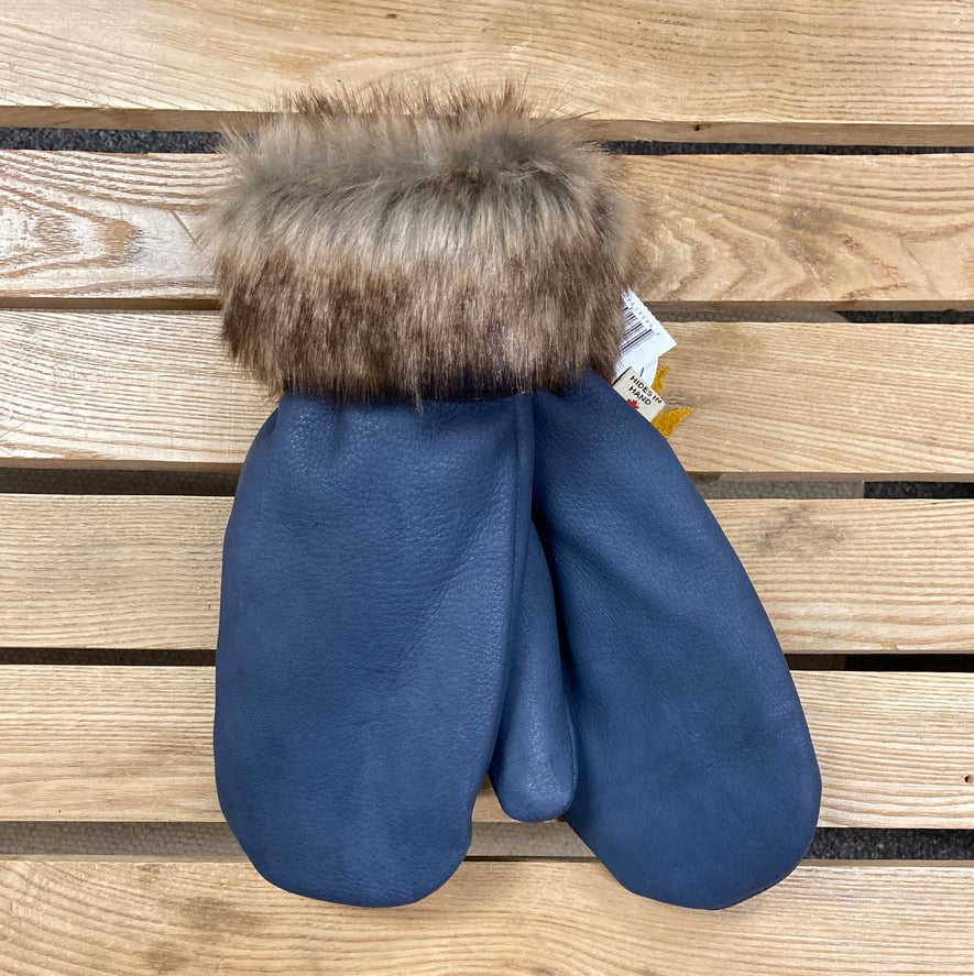 Hides In Hand - Deer Leather Fur Trim Mitt - Denim Blue