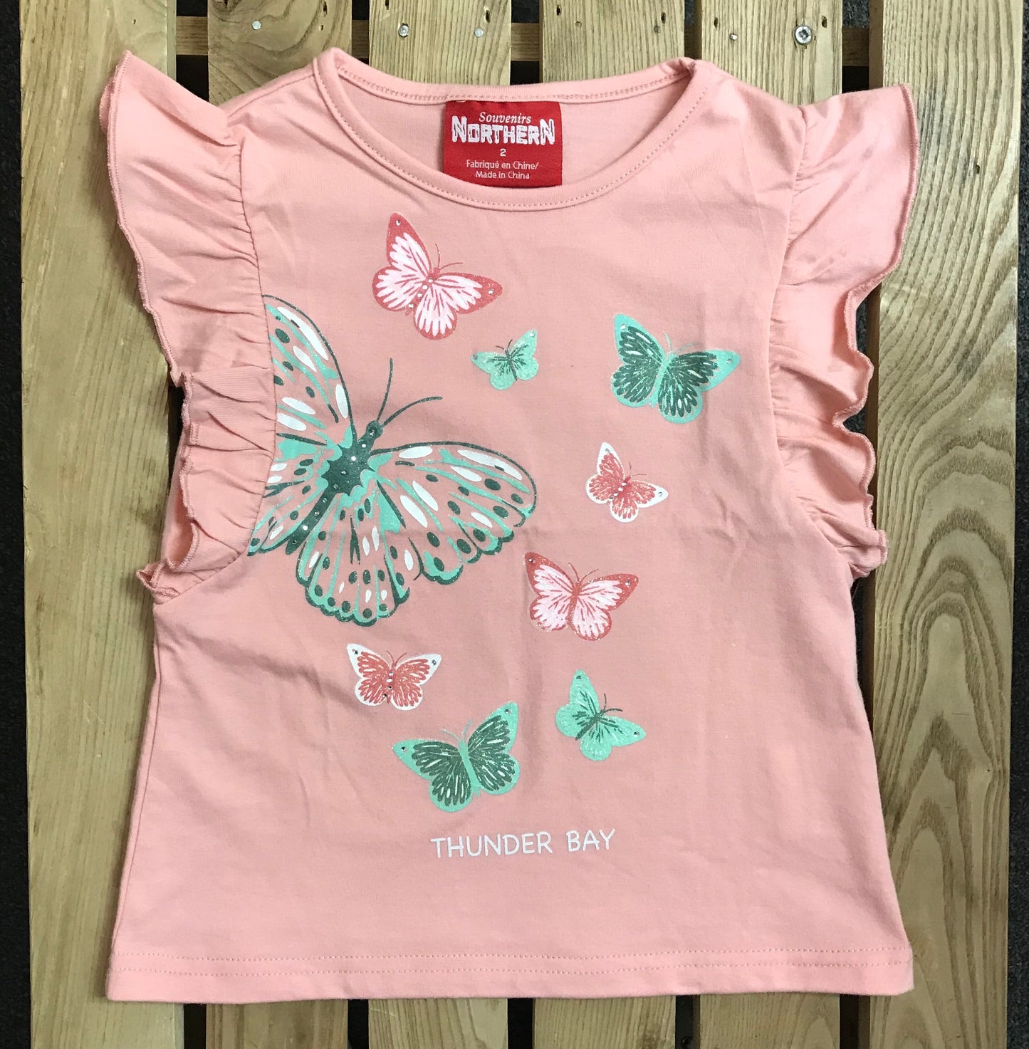 Kid's T-shirt - Thunder Bay, Sleeveless, Butterflies - Pink