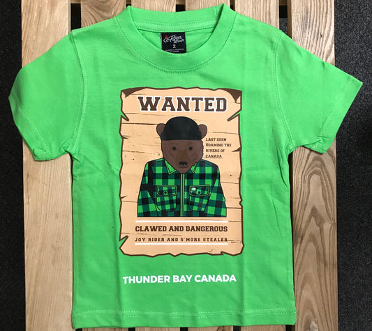 Kid's T-shirt - "Wanted", Thunder Bay, Canada - with bear - Green