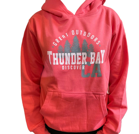 Youth Souvenir Clothing - Pullover Fleece Hoody - Coral - Discover Thunder Bay, CA