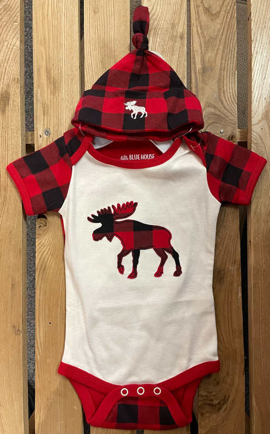 Baby Souvenir Clothing - Baby Suit & Hat - Plaid Moose