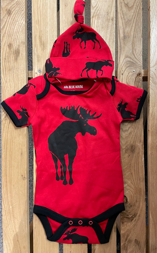 Baby Souvenir Clothing - Baby Suit & Hat - Moose on Red