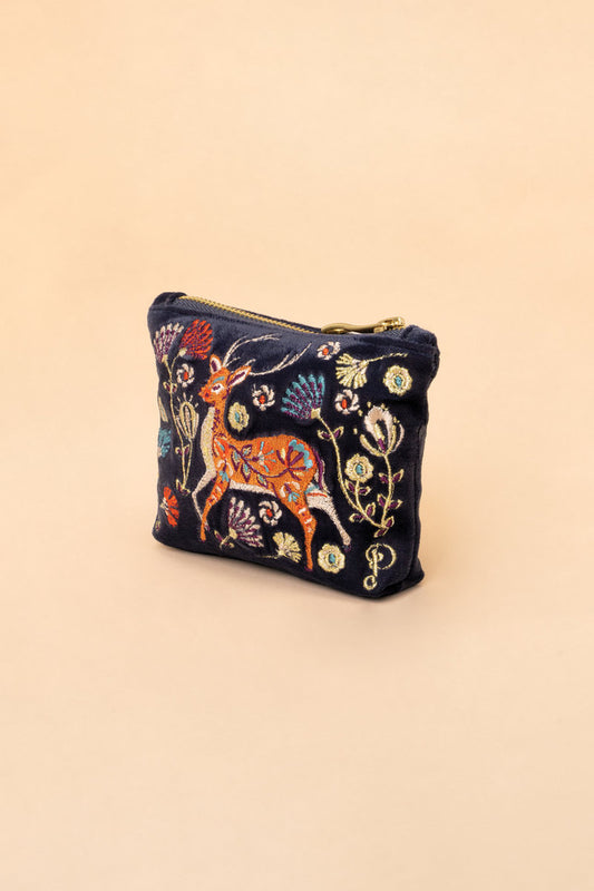 Powder Collection - Velvet Embroidered Mini Pouch - Folk Art Deer, Slate