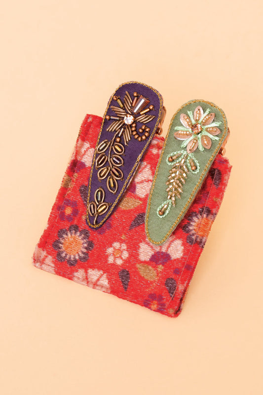 Powder Collection - Embroidered, Jewelled Hair Clips - Floral Stems, Purple & Sage