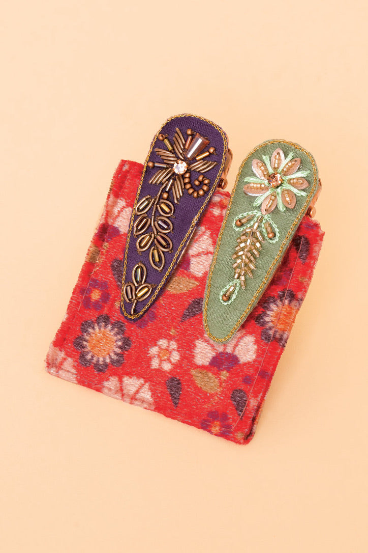 Powder Collection - Embroidered, Jewelled Hair Clips - Floral Stems, Purple & Sage