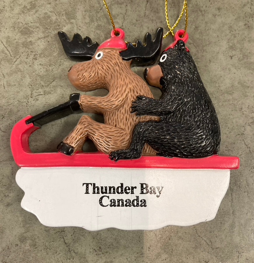Souvenir - Thunder Bay, Canada Ornament - Moose & Bear on Sled