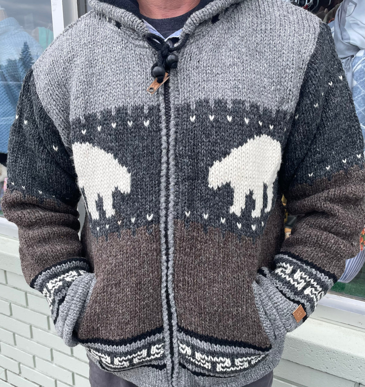 Souvenir Clothing - New Zealand Wool Cardigan - Polar Bear - Charcoal