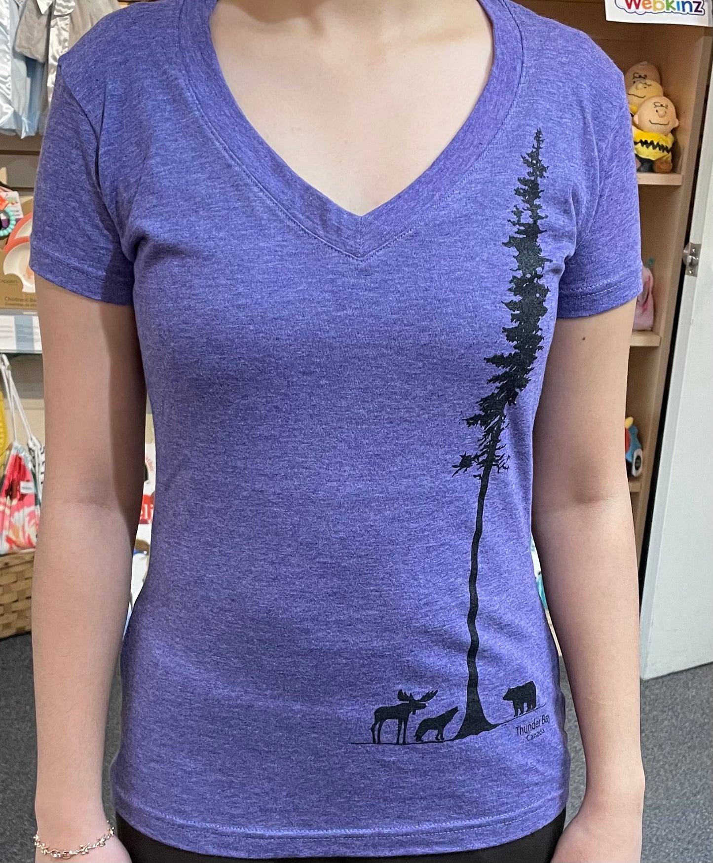 Souvenir Clothing - Ladies V Neck T-Shirt - Big Tree - Thunder Bay, Canada - Purple