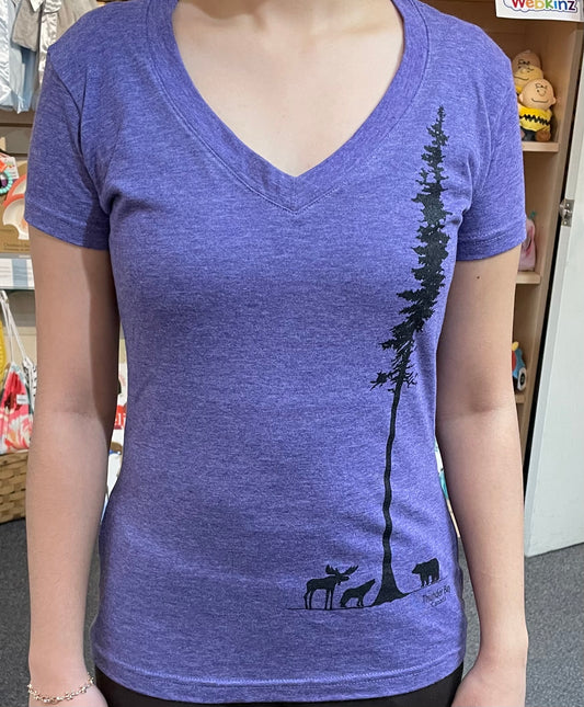 Souvenir Clothing - Ladies V Neck T-Shirt - Big Tree - Thunder Bay, Canada - Purple