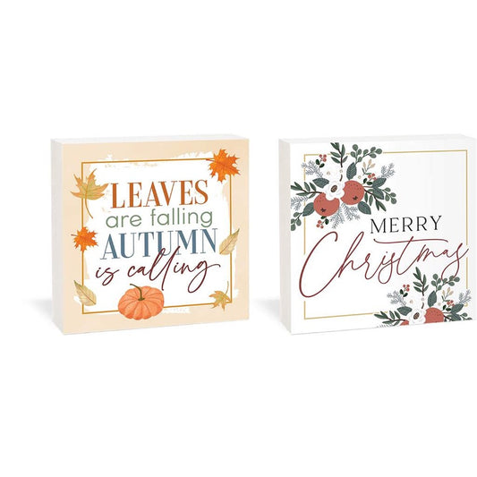 Sign - 2 Sided Word Block - Merry Christmas/Leaves Falling