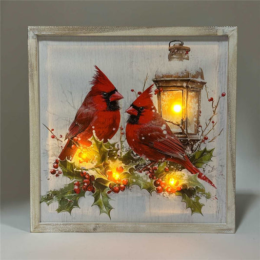 Christmas - LED Cardinal Picture with Holly & Lamp
