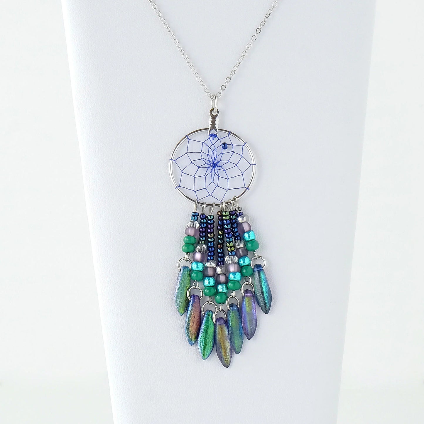 Monague Indigenous Crafts - Dream Catcher Necklace with Peacock Glass Beads