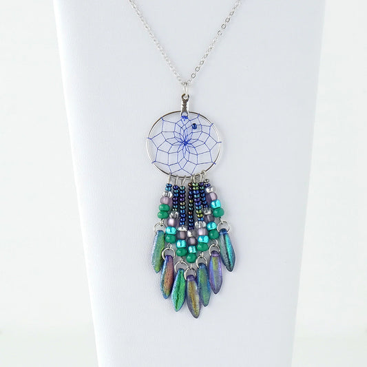Monague Indigenous Crafts - Dream Catcher Necklace with Peacock Glass Beads