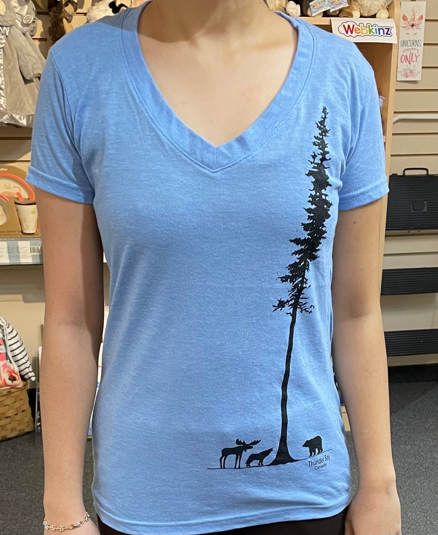 Souvenir Clothing - Ladies V Neck T-Shirt - Big Tree - Thunder Bay, Canada - Baby Blue