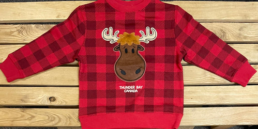 Kid's Souvenir Unisex Crew Neck Sweatshirt - Plaid with Moose - Thunder Bay, Canada