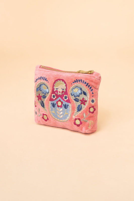 Powder Collection - Velvet Embroidered Mini Pouch - Matryoshka Doll, Petal