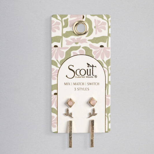 Scout Curated Wears - Stud Trio Ear Jacket Set - Leaf/Rose Quartz/Gold