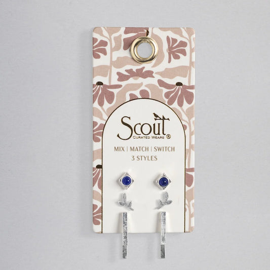 Scout Curated Wears - Stud Trio Ear Jacket Set - Leaf/Lapis/Silver
