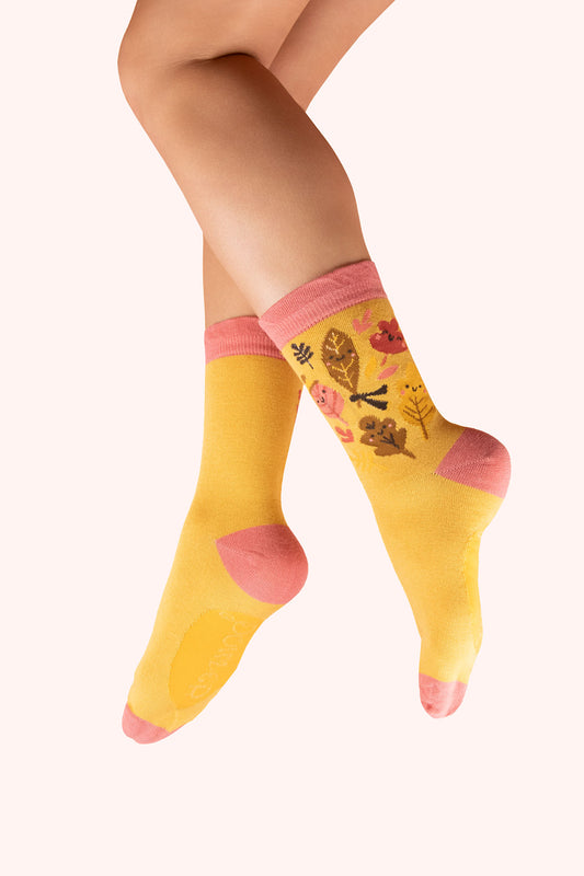 Powder Collection - Happy Leaves Mustard Ankle Socks
