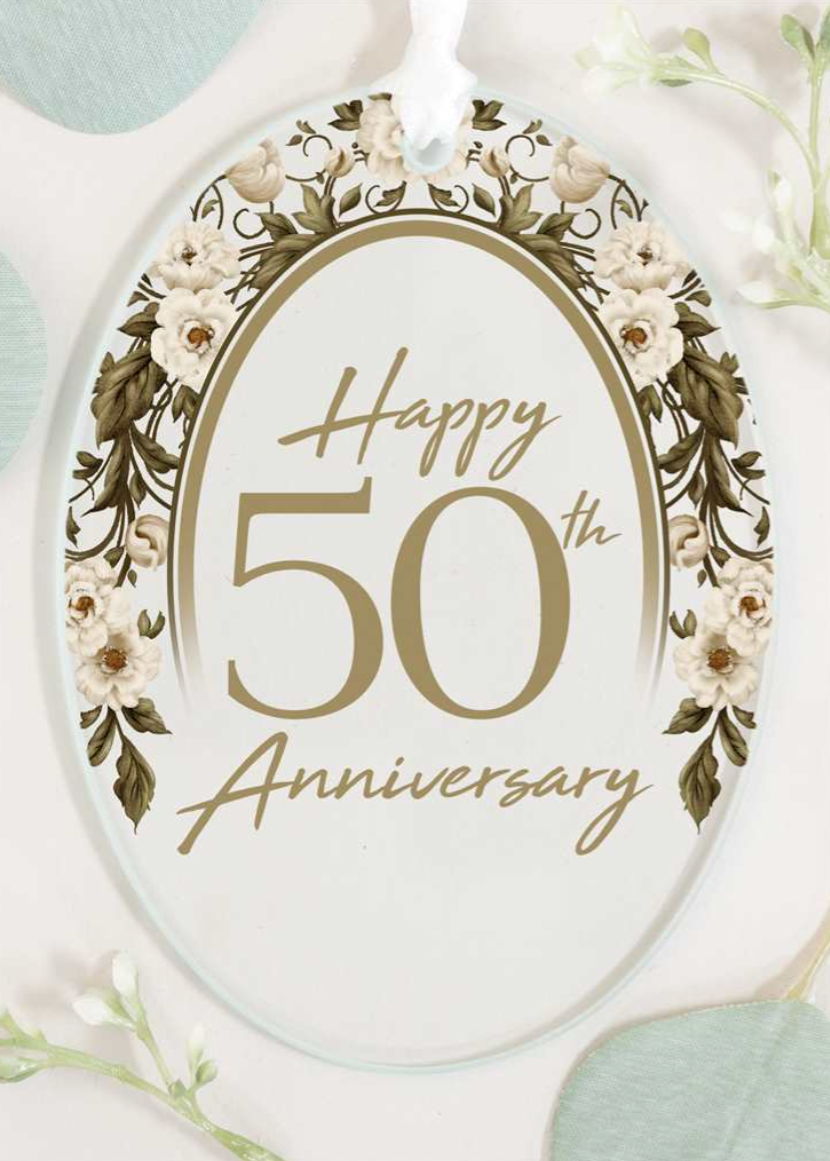 Anniversary - Happy 50th - Oval, Glass Ornament