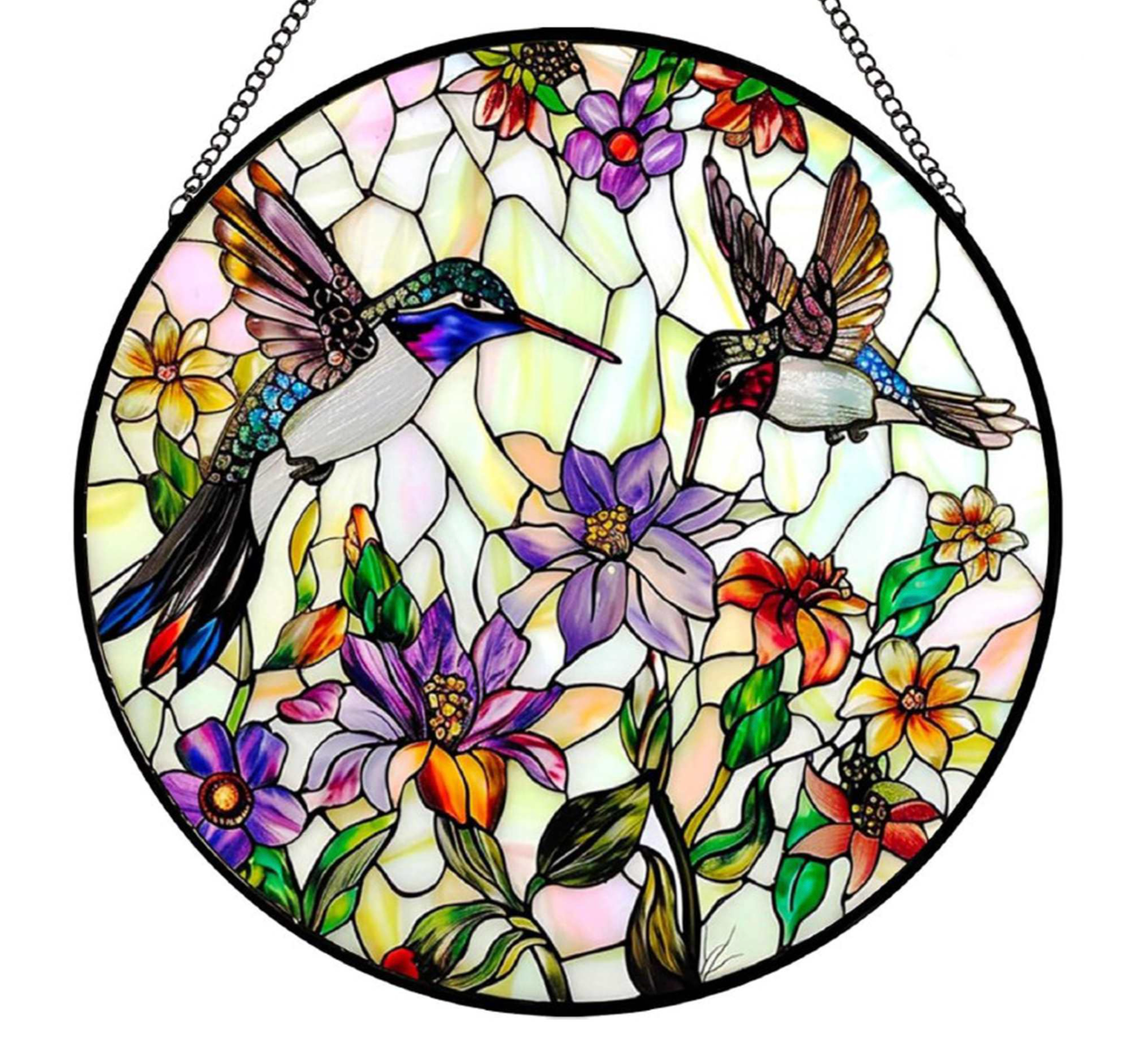 Garden - Stained Glass Sun Catcher - Hummingbirds & Flowers