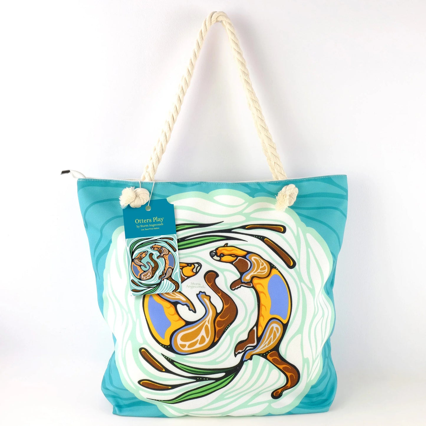 Monague Indigenous Crafts - Storm Angeconeb - Tote Bag - Otters Play