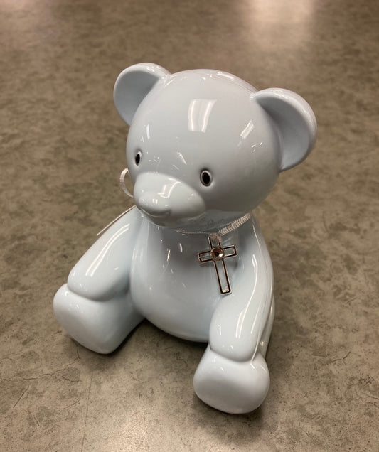 Piggy Bank - Blue Bear with Cross
