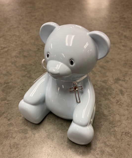 Piggy Bank - Blue Bear with Cross