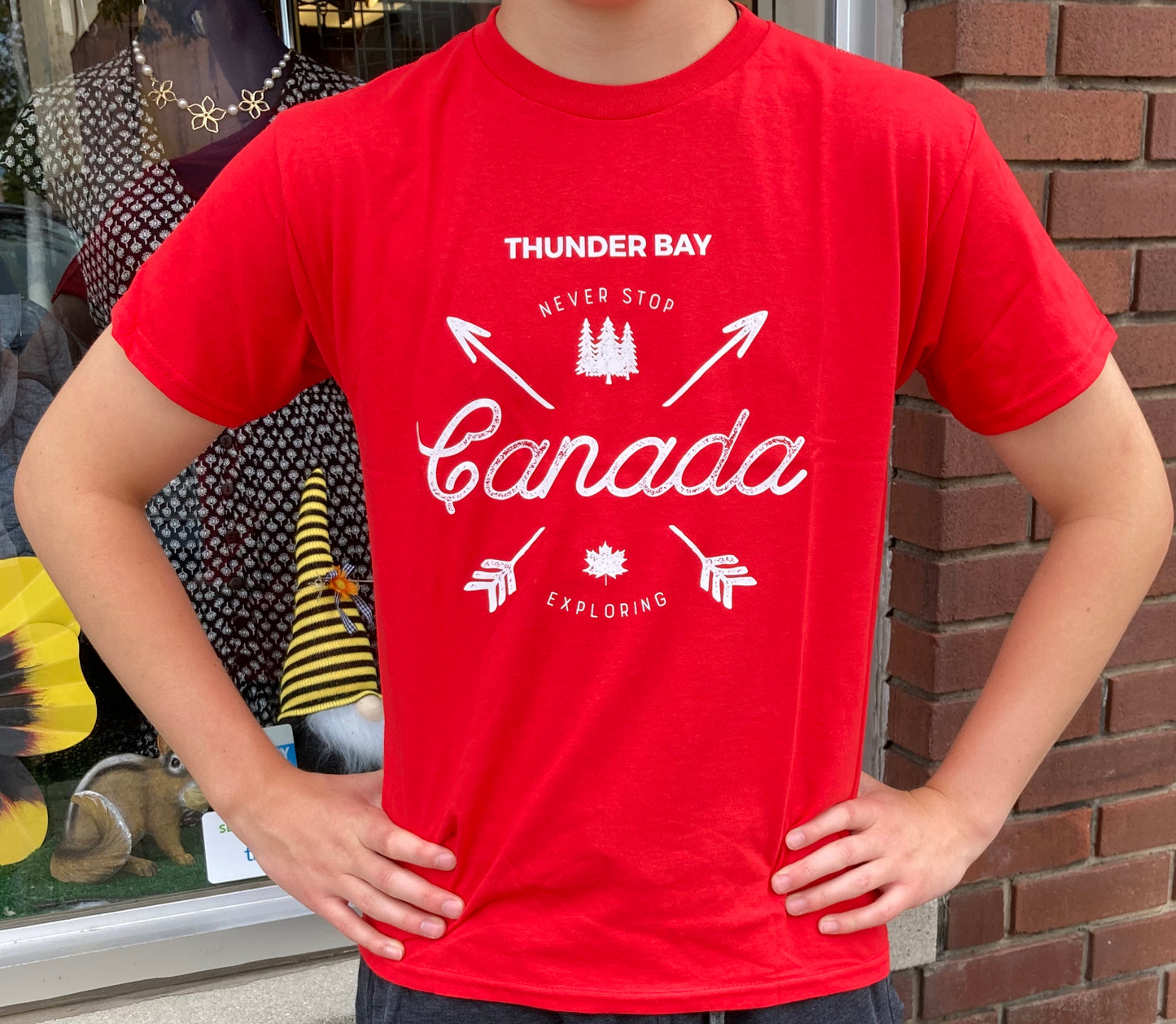 Souvenir Clothing - Youth T-Shirt - Never Stop Exploring - Thunder Bay, Canada - Red