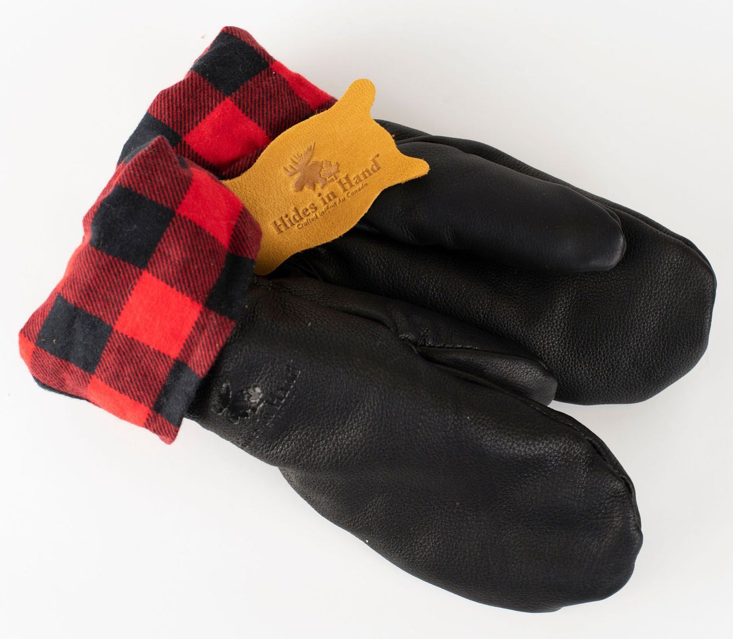 Hides in Hand - Deerskin Mitts with Plaid Cuff - Black