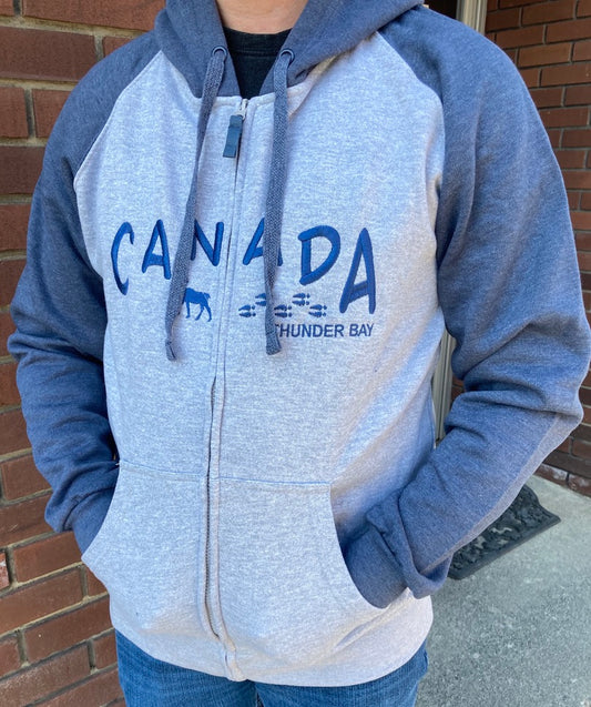 Men's Zippered Long Sleeve Hooded Sweatshirt - Thunder Bay, Cananda - Blue/Grey