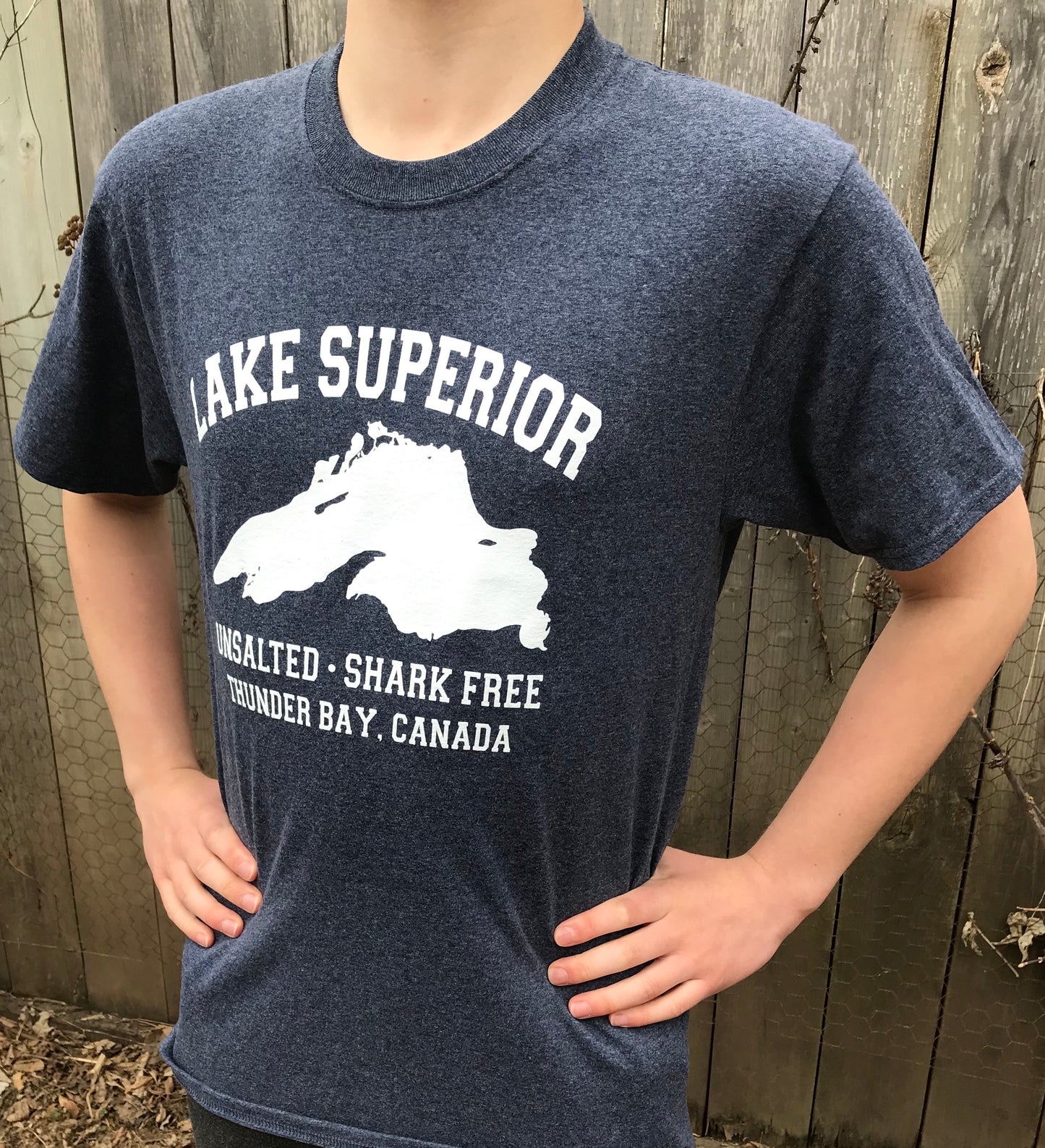 Souvenir clothing - Unsalted Shark Free, Lake Superior -  T-Shirt - Heather Navy