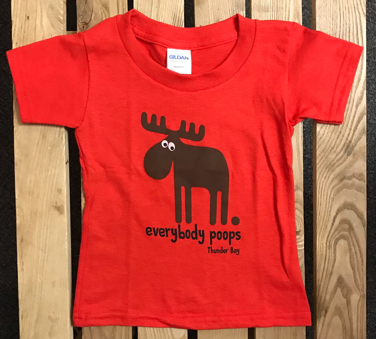 Kid's T-shirt - Thunder Bay, "Everybody Poops" - Red
