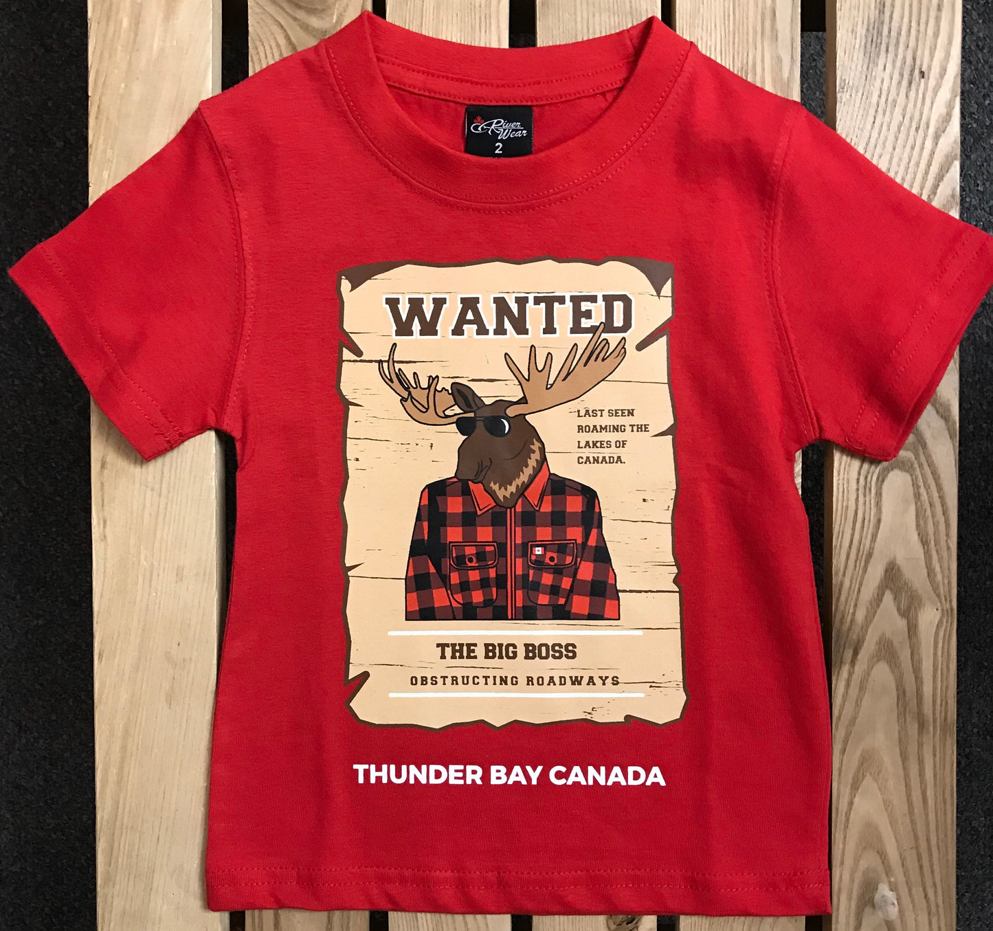 Kid's T-shirt - "Wanted", Thunder Bay, Canada, with moose - Red