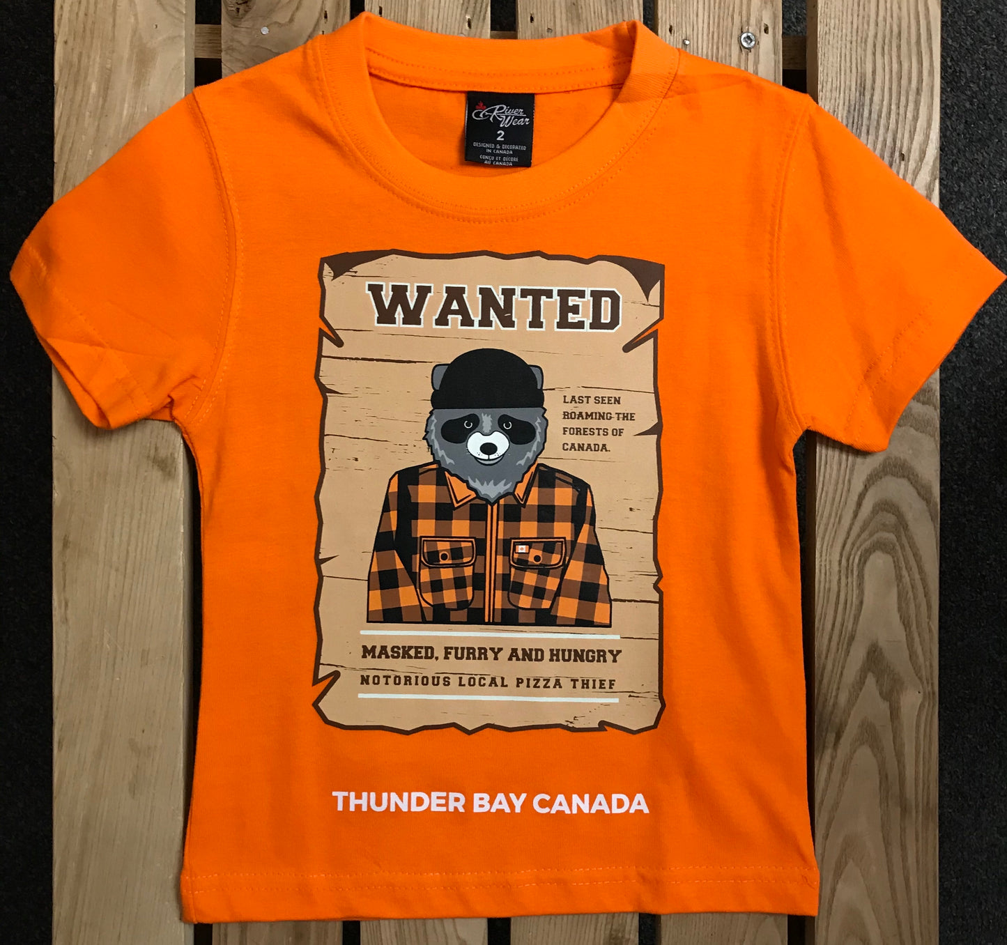 Kid's T-shirt - "Wanted", with racoon, Thunder Bay, Canada - Orange