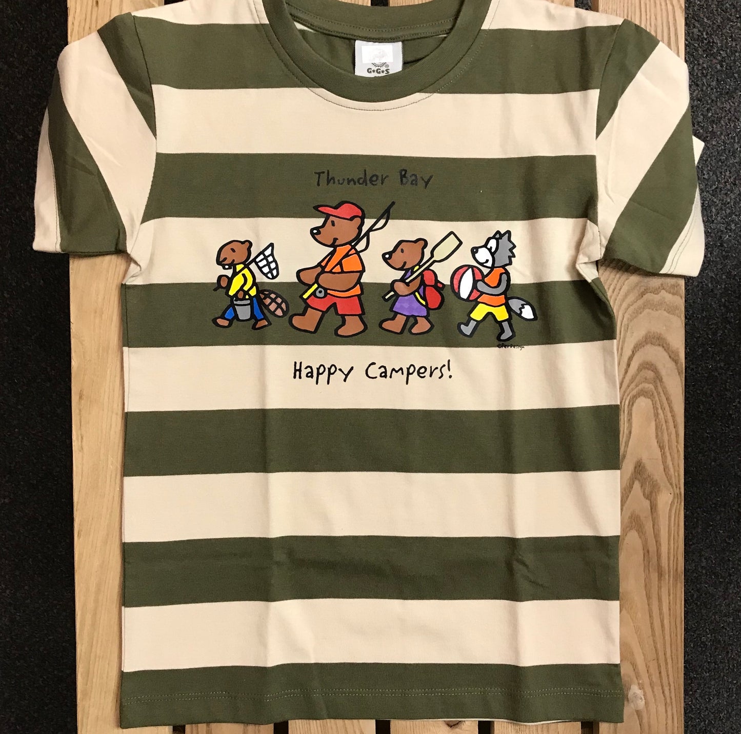 Kid's T-shirt - Thunder Bay, "Happy Campers" - Green Stripes