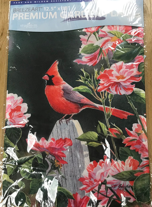 Garden Flag - Cardinal with Pink Flowers