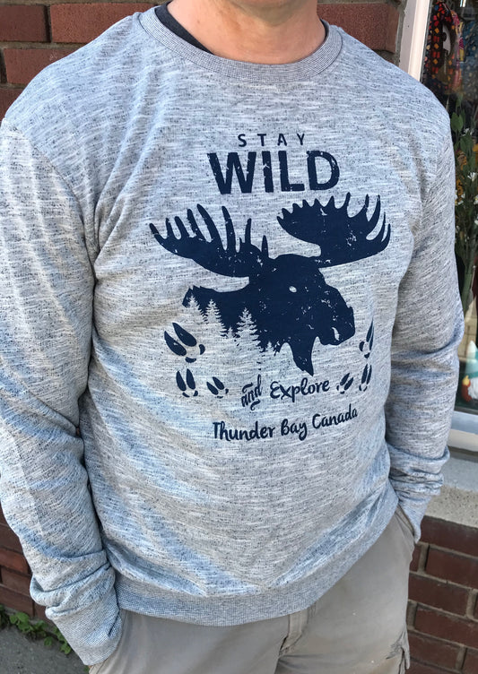 Unisex Crewneck Long Sleeve Sweatshirt - "Stay Wild, Thunder Bay" - Gray