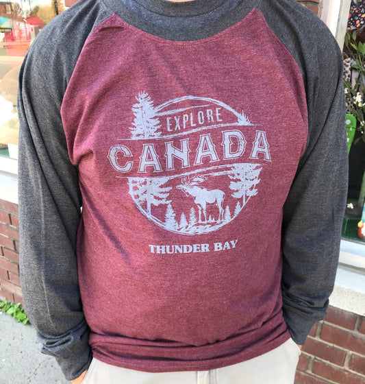 Men's Long Sleeve Baseball Shirt - "Thunder Bay, Canada" - Burgundy/Gray