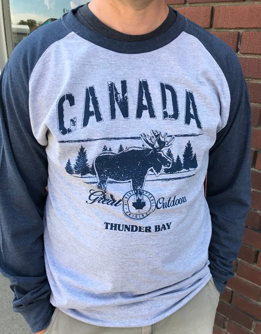 Men's Long Sleeve Baseball Shirt - "Thunder Bay, Canada" - Blue/Gray
